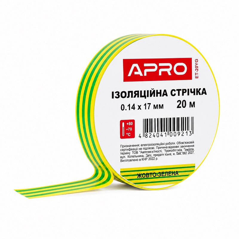 Стрічка ізоляційна ПВХ 0.14 мм × 17 мм × 20 метрів жовто-зелена, Apro