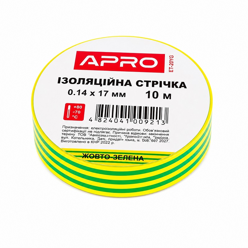 Лента изоляционная ПВХ 0.14 мм × 17 мм × 10 метров желто-зеленая, Apro