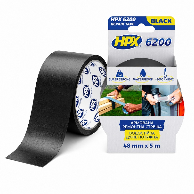 Скотч армований посилений 50 мм × 300 мкм × 5 метрів чорний, HPX
