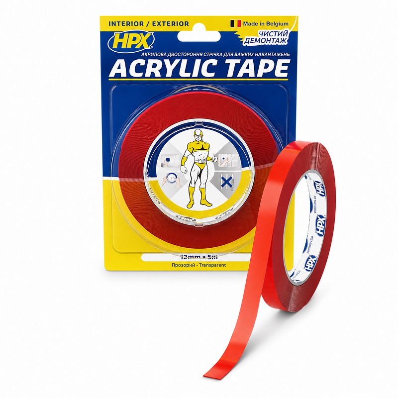 Скотч двосторонній 12 мм × 1 мм × 5 метрів акриловий, HPX Acrylic Tape