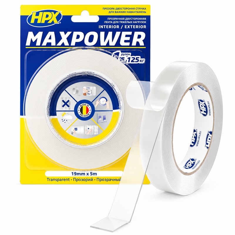 Скотч двосторонній 19 мм × 1 мм × 5 метрів акриловий, HPX Maxpower