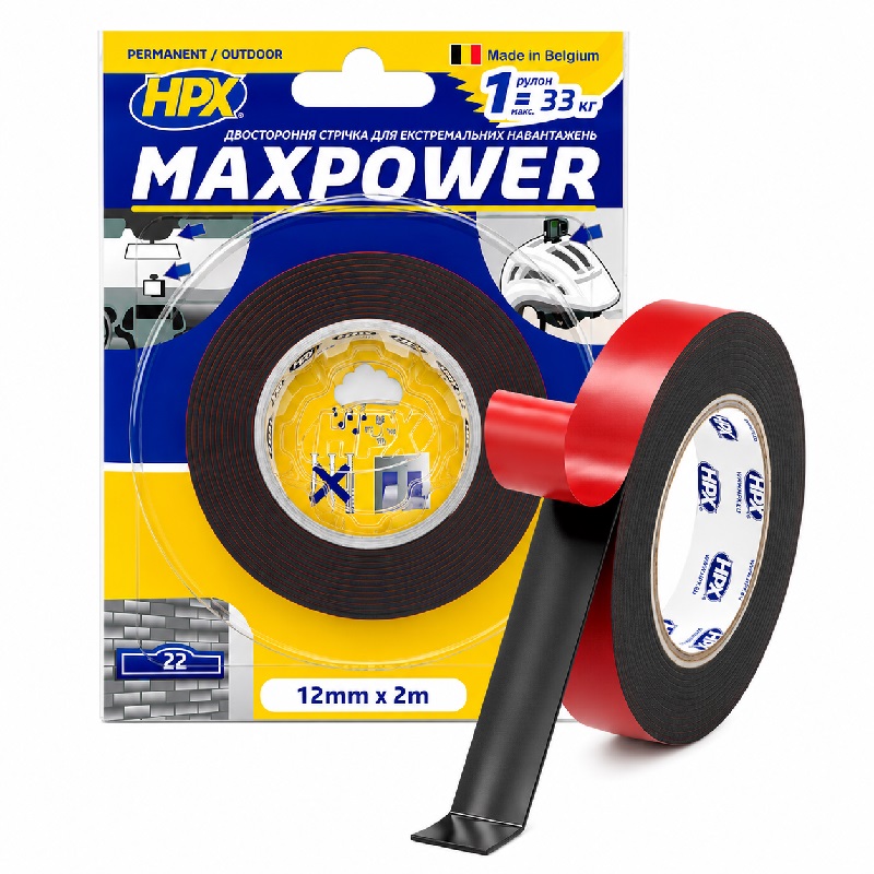 Скотч двосторонній посиленний 12 мм × 1.1 мм × 2 метри акриловий, HPX Maxpower Outdoor