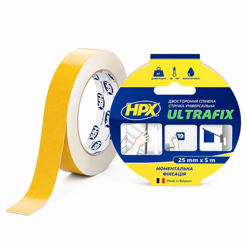 Скотч двосторонній 25 мм × 1 мм × 5 метрів універсальний, HPX Ultrafix