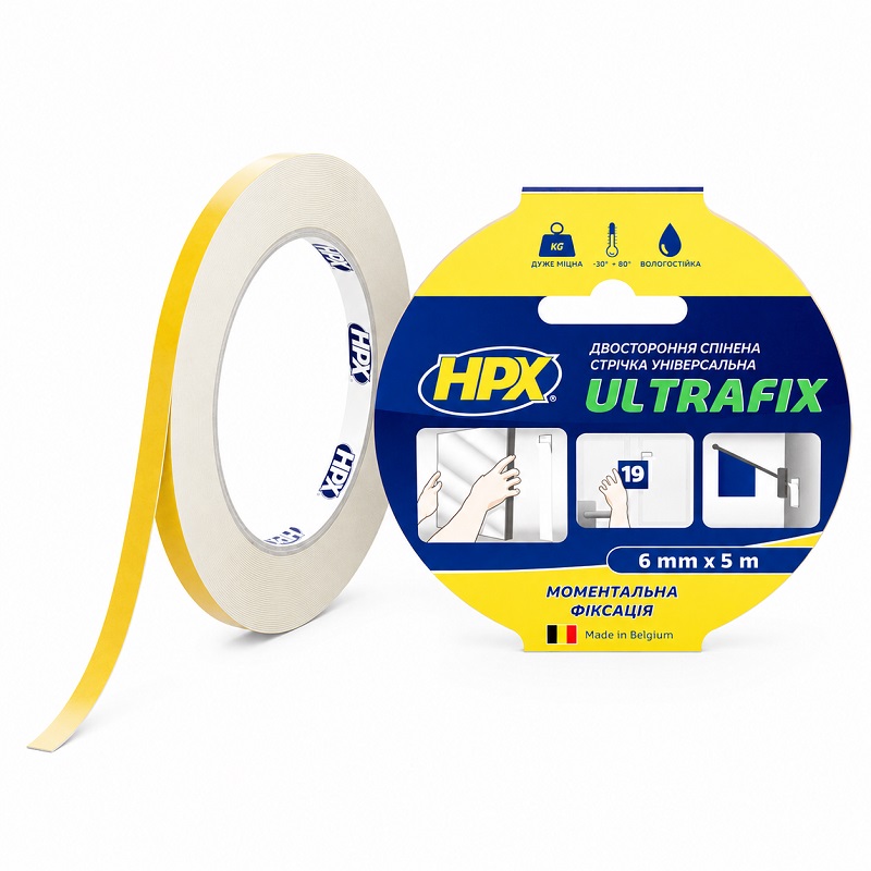 Скотч двосторонній 6 мм × 1 мм × 5 метрів універсальний, HPX Ultrafix