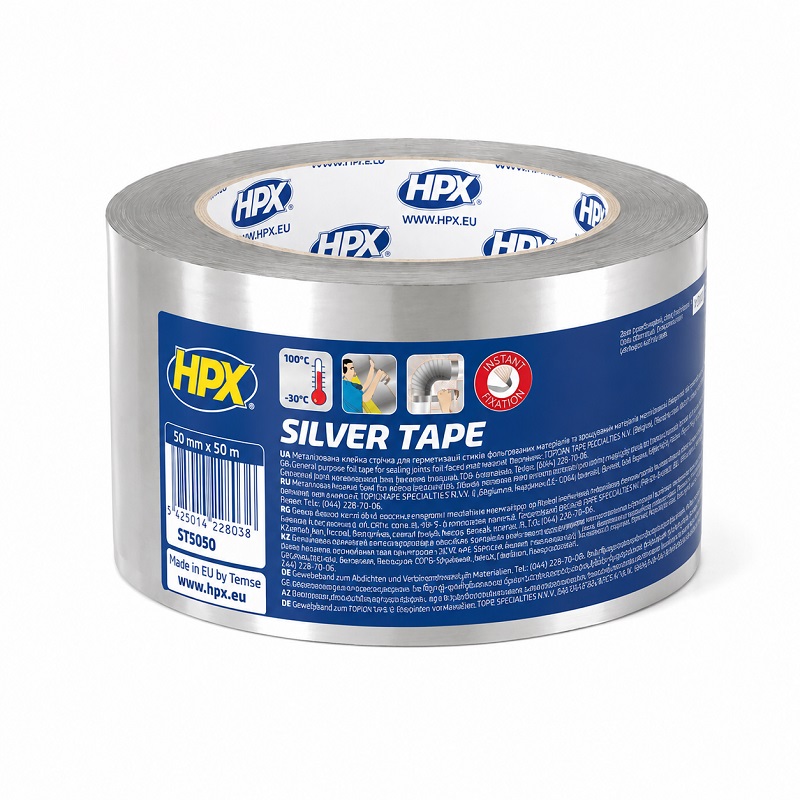Скотч металізований 50 мм × 550 мкм × 25 метрів сріблястий, HPX Silver Tape