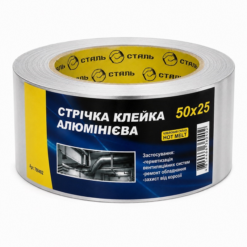 Скотч алюмінієвий 50 мм × 25 метрів сірий, Сталь