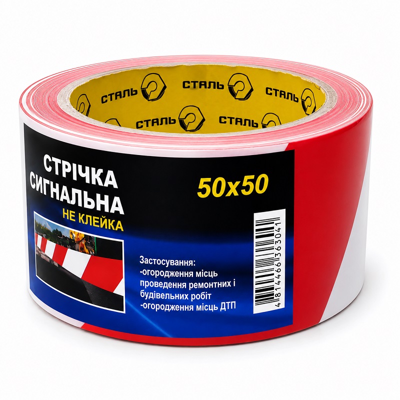 Скотч сигнальний огороджувальний 50 мм × 50 метрів червоно-білий, Сталь