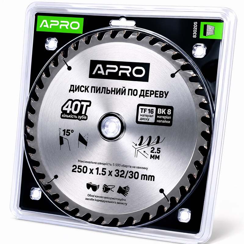  Диск пильний по дереву 250 × 1,5 × 32/30 мм 40 зубців Apro