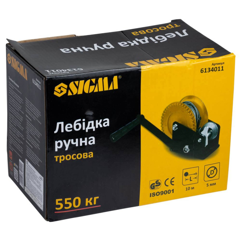 Ручна лебідка барабанна 550 кг. з сталевим тросом 5 мм × 10 метрів, Sigma